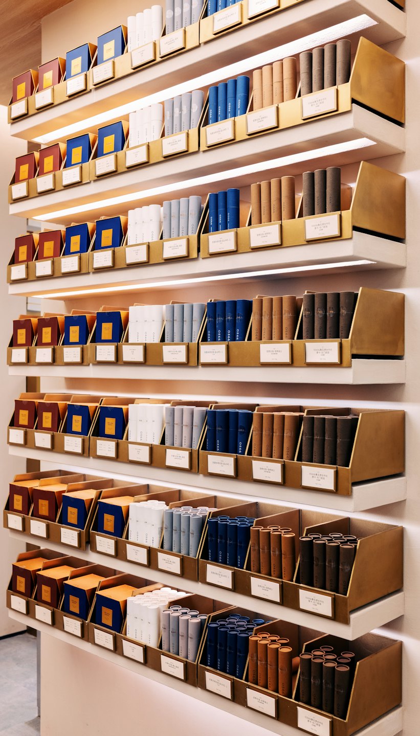 Retail products displayed on organized white shelves with gold dividers.